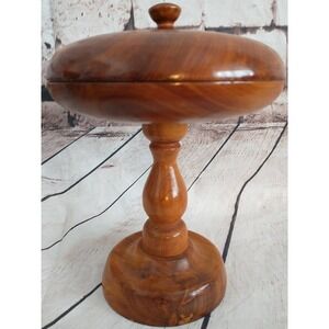 Vintage Hand Turned WOOD PEDESTAL COVERED CANDY Dog treat BOWL DISH BOX